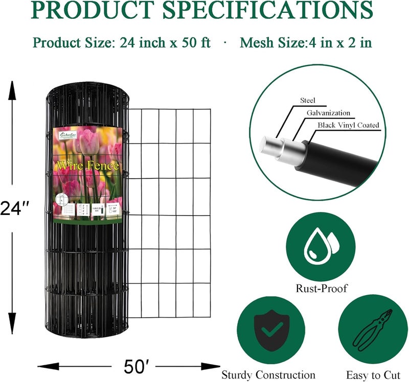 FOREHOGAR Black PVC Coated Welded Wire Fence 24 Inch x 50 Foot, 2 Inch x 4 Inch 14GA, Garden Border Fencing Roll Vinyl Coated Wire Mesh for Yard Vegetable Plant Protection Poultry Netting - Image 3
